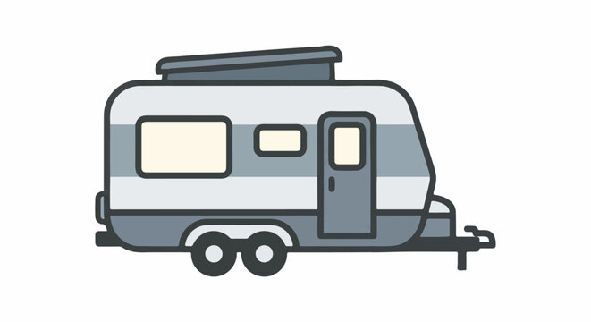A simple, stylized drawing of a gray and white travel trailer with windows and a door