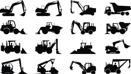 Heavy Construction Equipment Silhouette Icons Featuring Excavators, Bulldozers, Dump Trucks, Loaders, and Machinery © MstRezoara