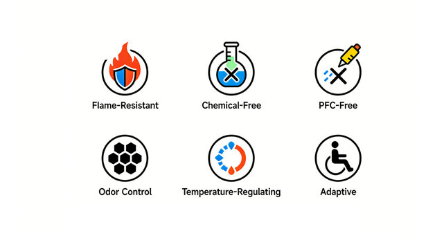 Flame retardant without chemical additives and PFC temperature control adaptive icon, representing safe and intelligent protection, suitable for outdoor clothing, workwear, and functional fabrics.
