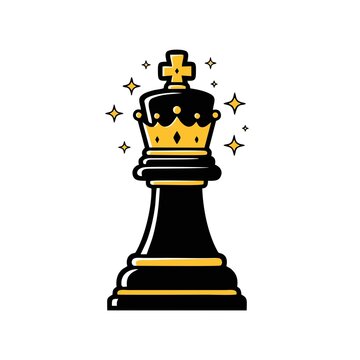 A stylized black and gold chess king piece with a crown and sparkling stars, representing strategy and victory.