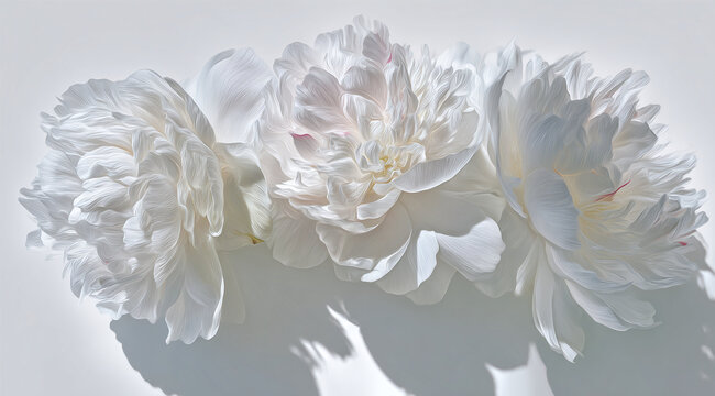 Three elegant white peonies with delicate petals against a soft, light background.