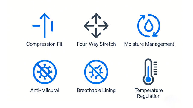 Compression fit four sided elastic moisture control, antibacterial, breathable and temperature control icon, representing professional sports functions, suitable for fitness clothing and sports 