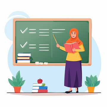 Muslim Teacher in Hijab with Pointer and Book at Chalkboard