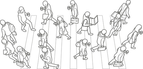 Fototapeta premium Group of diverse busy office workers walking across a white pedestrian crosswalk in isometric view