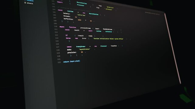 Complex artificial intelligence programming code glows vibrantly on a dark computer monitor. The software development interface displays advanced neural network algorithms and scripts.