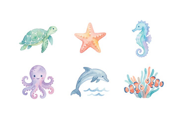 Fototapeta premium Watercolor ocean element icons collection on white background