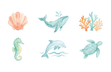 Fototapeta premium Watercolor ocean theme simple clean icons set isolated on white background