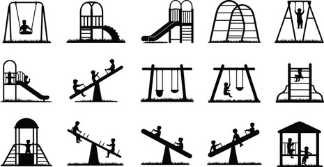 Playground silhouette icons showing children swinging, sliding, climbing, and playing on seesaws, monkey bars, and playhouses © MstRezoara