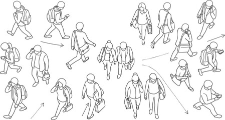 Obraz premium Diverse group of people walking together in an isometric style black and white line drawing