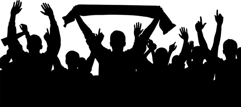 Silhouetted crowd celebrating at concert or sporting event arms raised in excitement
