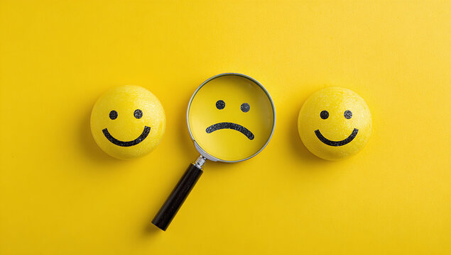 Magnifying glass highlighting a sad face between cheerful smiley balls on a bright yellow background.