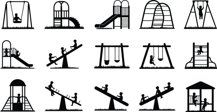 Playground silhouette icons showing children swinging, sliding, climbing, and playing on seesaws, monkey bars, and playhouses