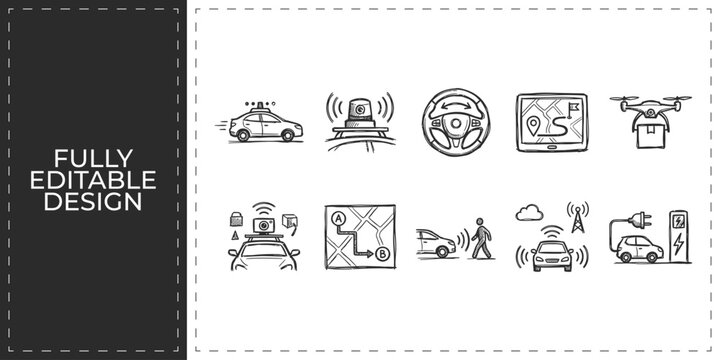 Smart city and autonomous driving hand drawn doodle icons set featuring self driving cars navigation and connectivity symbols for future urban transport design