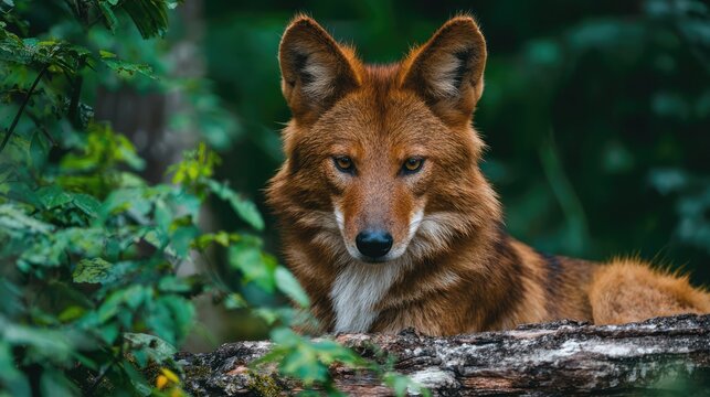 Alert Asiatic wild dog dhole sitting in dense forest