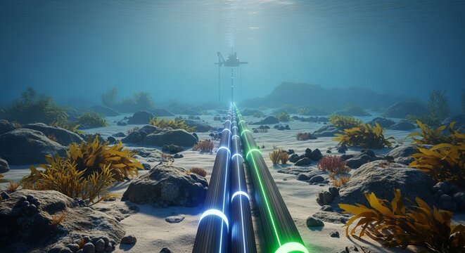 Underwater Fiber Optic Cable Network Installation at Sea Bottom with Bioluminescent Lighting Display
