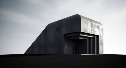 Fototapeta premium Angular brutalist concrete building against a gray sky.