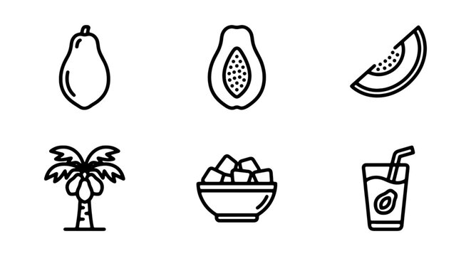 Papaya Fruit Icons, Tropical Palm Tree, Food Cubes, Juice Drink, Fresh Produce Vector Set