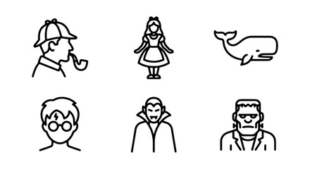 Naklejka premium Icon Set: Literary Characters, Fantasy Figures, Mythical Creatures, Storytelling Icons