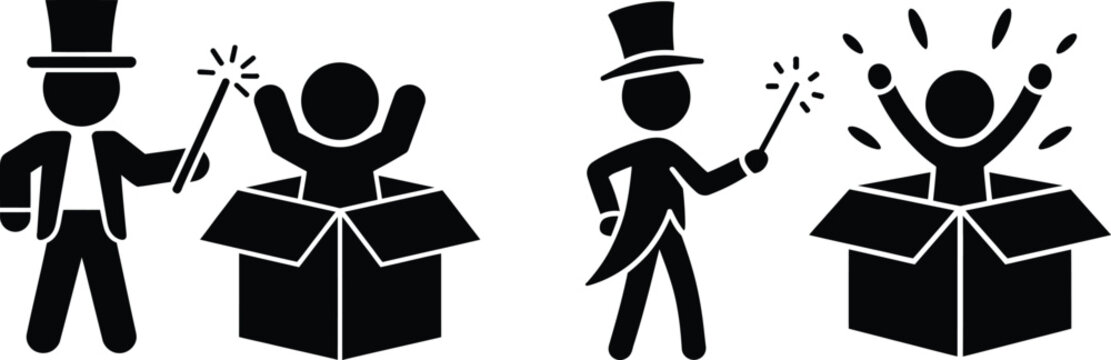 Magician making person jump with surprise from gift box with wand