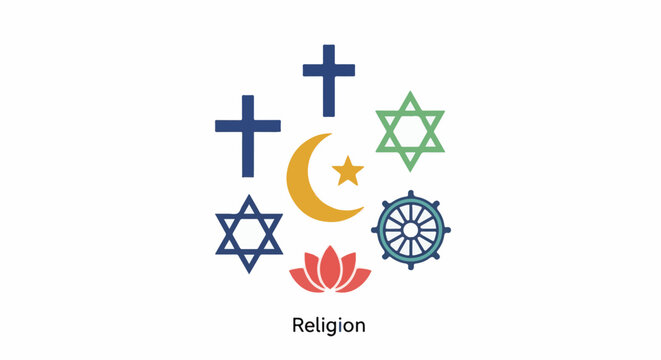 Diverse spiritual symbols arranged in a circle with the word "Religion" below