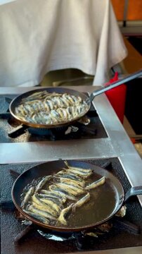 A commercial video of fresh European anchovies (hamsi) frying in a hot pan. The small fish are tightly and neatly arranged in a traditional circular pattern, cooking to a golden crisp