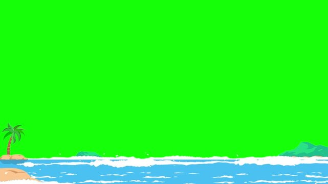 Beach landscape features a cartoon palm tree on a sandy shore with gentle ocean waves rolling in against a vibrant green screen background for easy compositing in digital video production projects.
