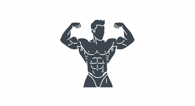 A stylized, dark silhouette of a muscular male bodybuilder flexing his biceps