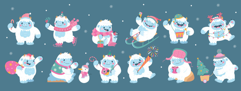 Christmas snow yeti. Bigfoot wearing santa and elf hats, hold firework, bag with presents, drink hot cocoa. Xmas funny mascots, new year characters, nowaday vector set