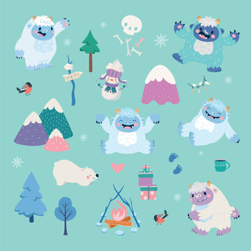 Yeti lifestyle. Wild snow characters and life elements. Nature objects, tree, fir tree, mountain, bird and polar bear. Winter children collection, nowaday vector set