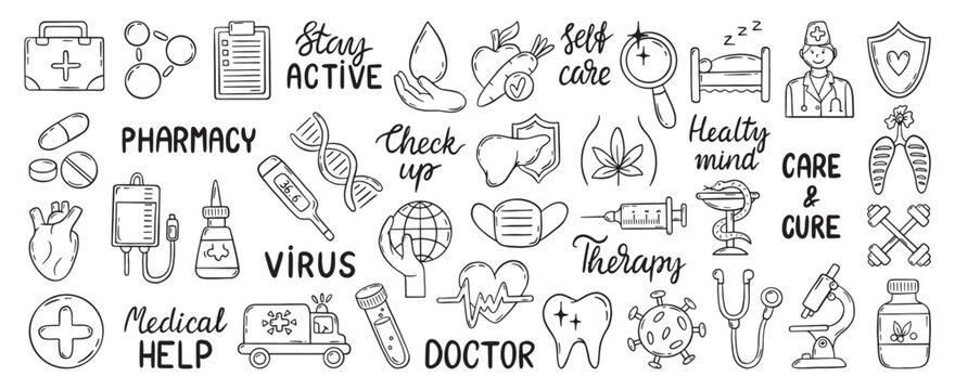 Medical doodle clipart. Pharmacy and hospital, laboratory, research, chemical. Dna symbol, pills, medication and medicine equipment, neoteric vector set