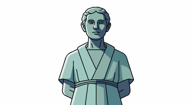 A stylized stone statue of a person in a robe, with hands clasped behind their back