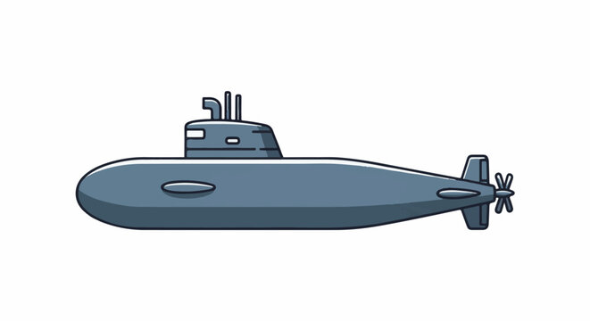 A simplified, flat illustration of a dark blue submarine with a propeller and a conning tower