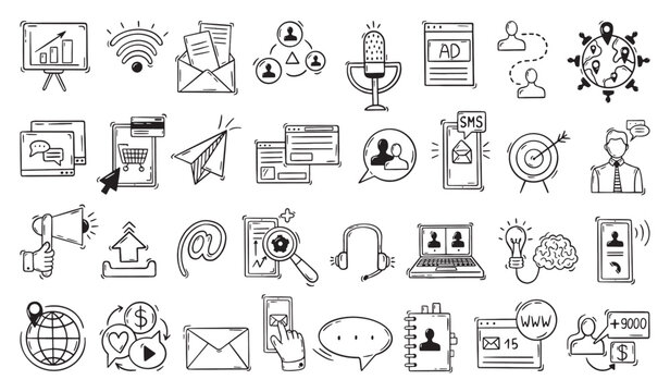 Digital marketing doodle symbols. Social media, chatting and online shopping. Ad in internet, communication, subscribers and support chat, neoteric vector icons