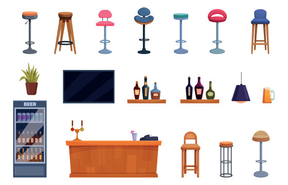 Cartoon pub interior accessories. Different bar stools, alcohol drinks bottles, wooden desk with cocktail, beverage fridge. Cafe furniture, sapid vector clipart