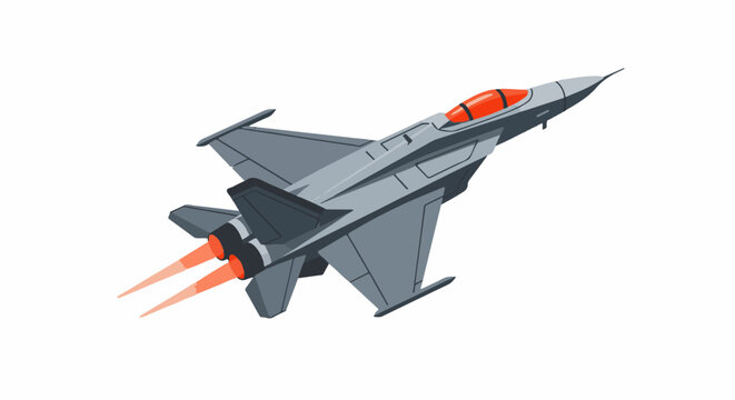 A pixelated illustration of a gray fighter jet with orange exhaust flames