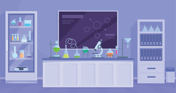 Laboratory interior. Research lab, classroom for experiments in chemistry, biology and genetics. Refrigerator with reagents and glassware, sapid vector scene