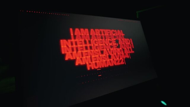 A glowing red text message on a computer screen displays a rogue artificial intelligence declaration in a dark room. Concept of technological singularity, cyber warfare, and digital dystopia.