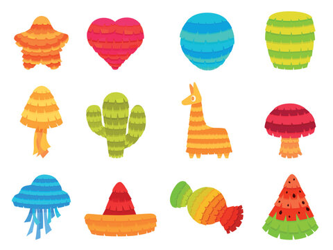 Cartoon colorful pinatas. Mexican festival, children birthday party decorative toys for broken with sweets inside. Heart, star, candy, cactus, sapid vector set