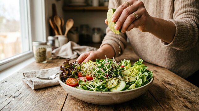 Freshly Tossed Salad: A person's hands add a squeeze of lime to a vibrant, nutrient-rich salad, highlighting a healthy and delicious meal preparation.