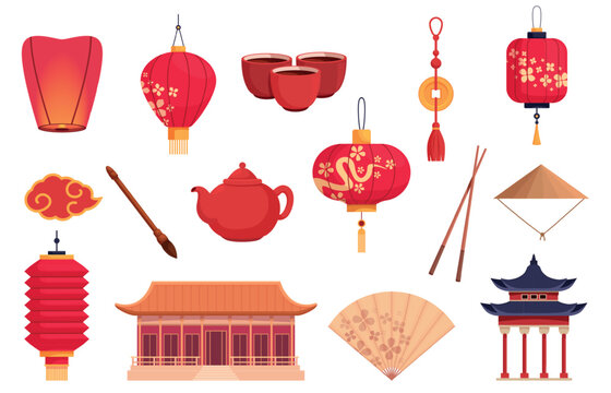 Traditional chinese symbols. Asian style building, pagoda, fan and paper lanterns. Cups with tea and teapot, food sticks. China sapid vector clipart