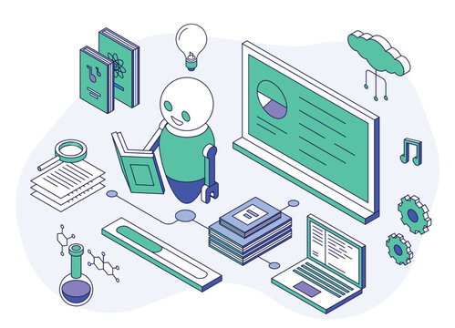 Isometric line machine learning concept. Little robot android reading book, study different information for correct work. Ai technologies, digital assistant, nifty vector scene