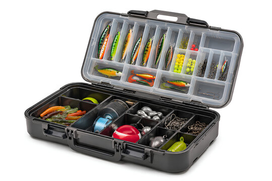 Open fishing tackle box with lures, line spools and sinkers on white background
