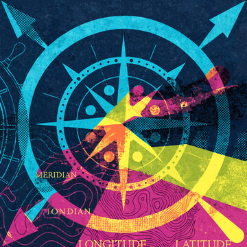 Abstract compass with navigation maps and concepts risograph challenge