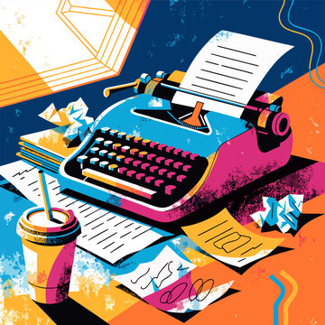 Vintage typewriter on a desk with a coffee cup risograph challenge