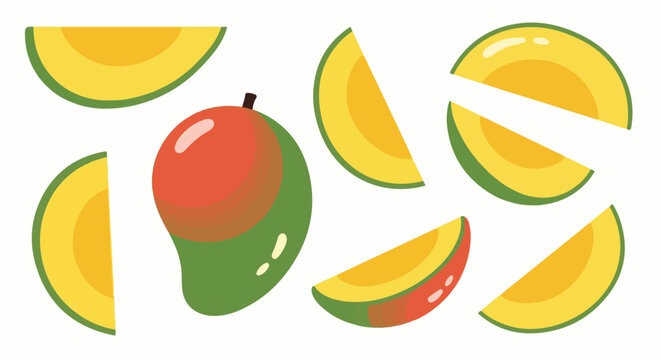 A whole mango and several slices of mango on a white background