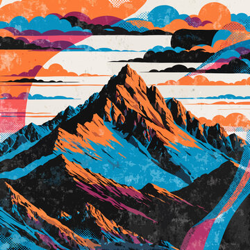 Majestic mountain peaks under a sunset sky risograph challenge