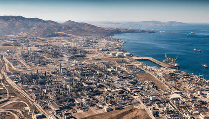 Obraz premium Panoramic aerial view of industrial coastal city with port facilities and mountainous landscape background industrial mountains landscape waterfront infrastructure development business