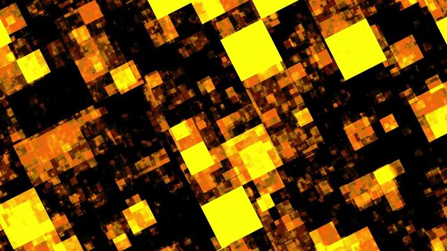 Abstract geometric pattern of yellow and orange squares. Digital mosaic blocks for retro technology presentation. Digital block animation for modern visual layout.