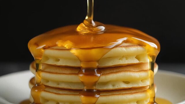 Golden maple syrup pouring over fluffy breakfast pancakes in this delicious slow motion food video clip