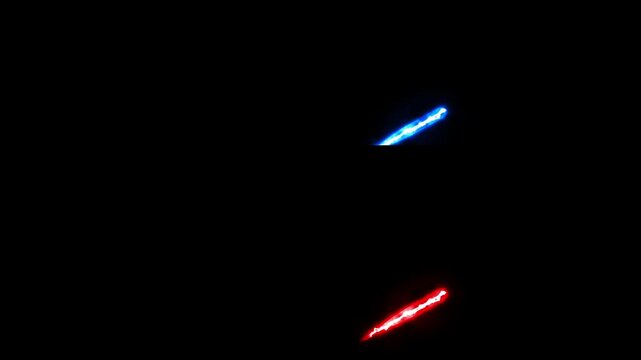 Two glowing energy swords on black background screen. Neon laser beams for sci-fi futuristic weapon game theme. Digital laser beam animation for video overlay.